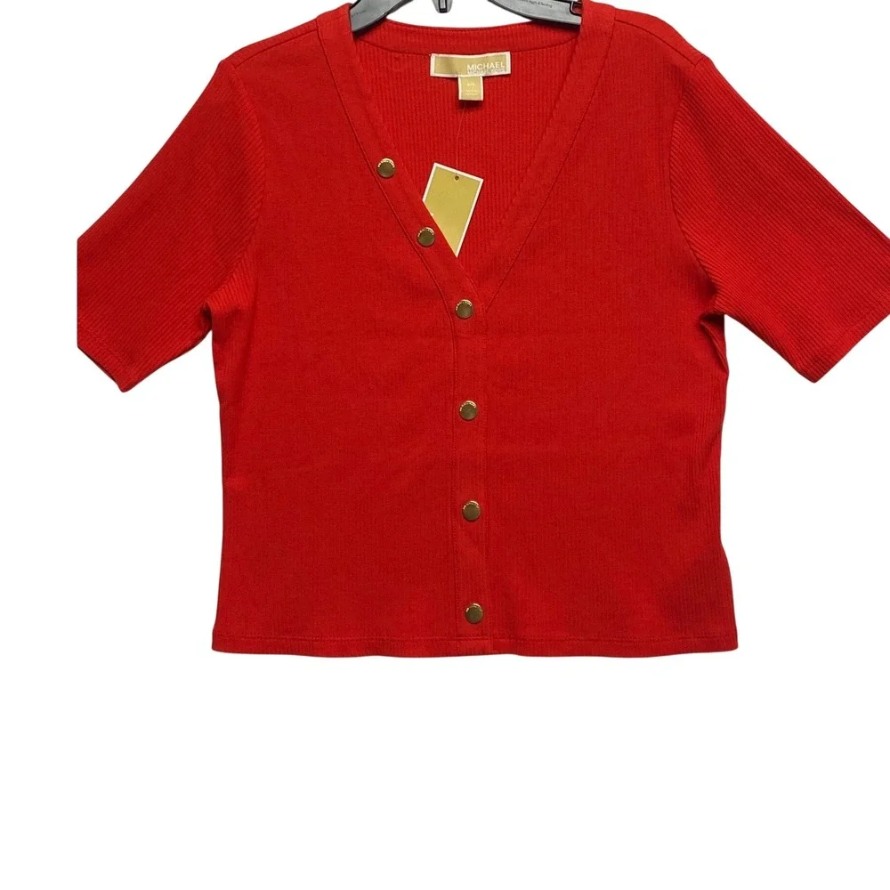 Michael Kors $98 Red Ribbed V-Neck Short Sleeve Button Front Top Sm‎ NWT